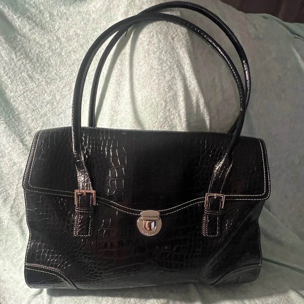 Vintage Liz Claiborne Black Croc-Embossed Top-Handle Satchel Laptop Bag Purse